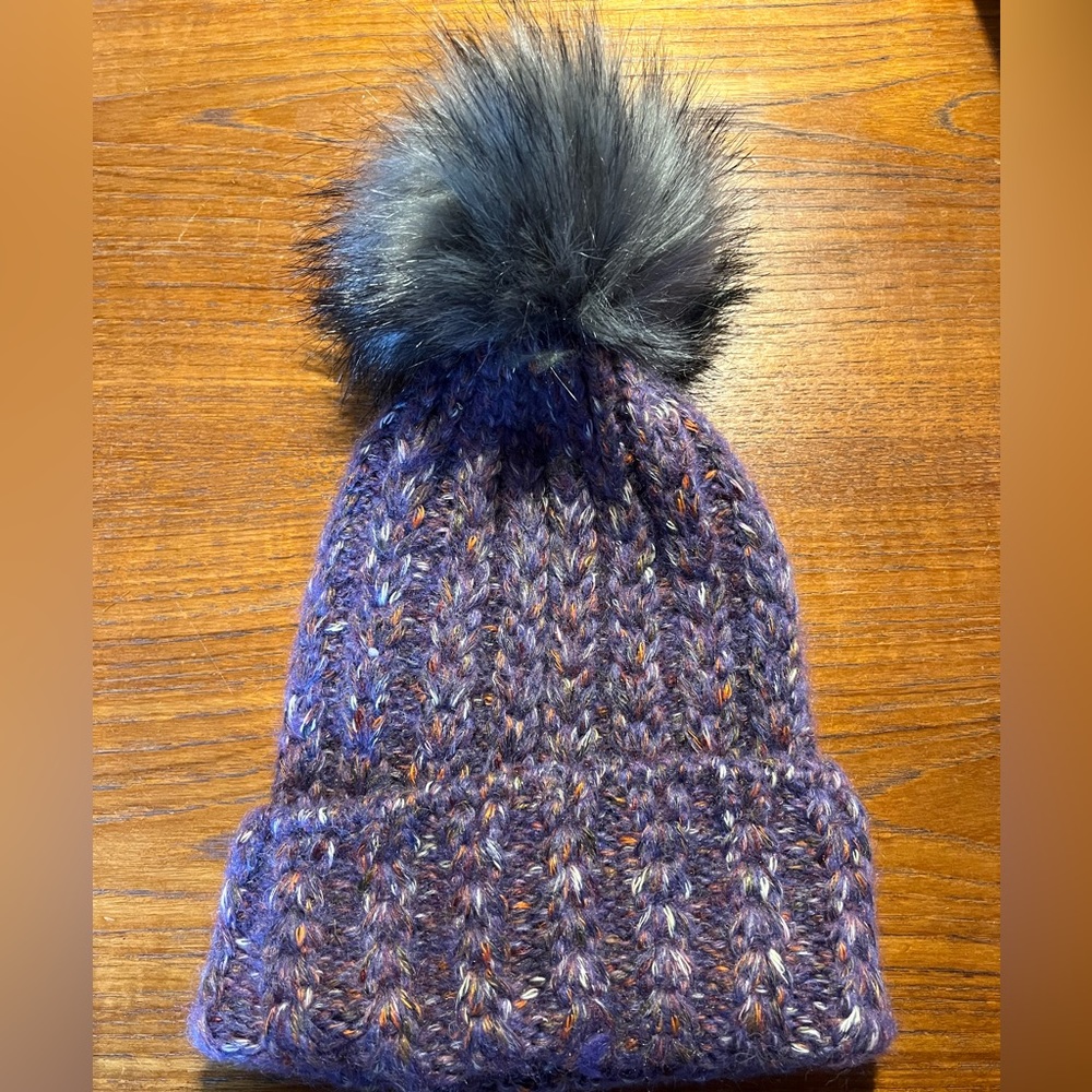 Anthropologie Purple Tweed Beanie with Faux Fur Puff